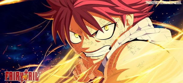 Anime picture 3000x1365 with fairy tail natsu dragneel kazuyag12 single highres short hair wide image yellow eyes pink hair inscription sleeveless grin coloring magic muscle angry boy scarf fire fist