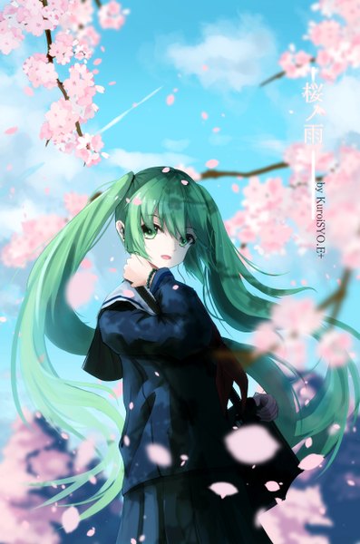 Anime picture 1722x2600 with vocaloid hatsune miku asahi kuroi single long hair tall image fringe highres open mouth twintails signed sky cloud (clouds) pleated skirt aqua eyes aqua hair cherry blossoms girl skirt uniform