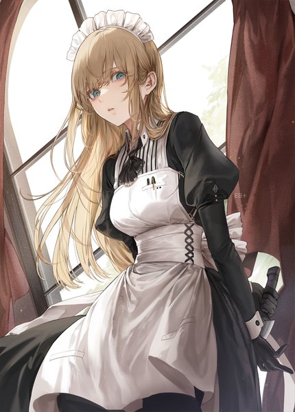 Anime picture 800x1116 with original kim eb single long hair tall image looking at viewer fringe blue eyes blonde hair hair between eyes standing holding signed indoors long sleeves parted lips from below maid dutch angle puffy sleeves