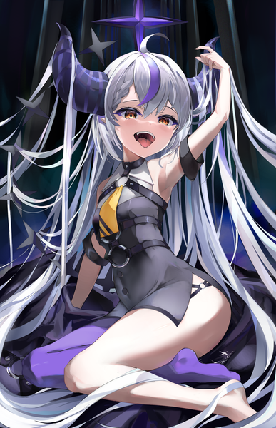 Anime picture 4977x7719 with virtual youtuber hololive la+ darknesss la+ darknesss (1st costume) nishiro hato single tall image looking at viewer blush fringe highres open mouth light erotic smile hair between eyes sitting bare shoulders absurdres silver hair full body