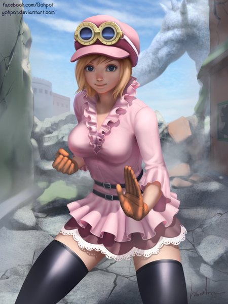 Anime picture 1200x1600 with one piece toei animation koala (one piece) pica gohpot single tall image looking at viewer short hair blue eyes blonde hair light smile realistic zettai ryouiki fighting stance ruins goggles on head girl thighhighs gloves