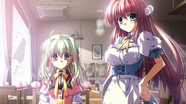 Anime picture 1280x720 with supipara narumi sakura nanao naru long hair blush blue eyes brown hair wide image purple eyes multiple girls game cg green hair maid hand on hip girl 2 girls