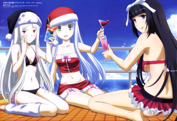 Anime picture 5940x4091 with aoki hagane no arpeggio animedia iona yamato (aoki hagane no arpeggio) musashi (aoki hagane no arpeggio) long hair looking at viewer highres open mouth blue eyes light erotic black hair smile red eyes purple eyes multiple girls absurdres white hair official art fur trim