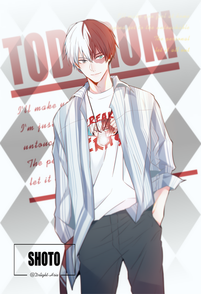 Anime picture 600x877 with boku no hero academia studio bones todoroki shouto delight hsia single tall image looking at viewer fringe short hair blue eyes hair between eyes standing signed white hair red hair multicolored hair light smile two-tone hair grey eyes open shirt