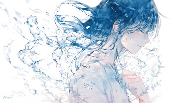 Anime picture 4096x2432 with original orokudesu single long hair highres wide image blue hair absurdres upper body eyes closed profile liquid hair girl water
