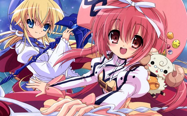 Anime picture 1920x1200 with nanatsuiro drops akihime sumomo yuuki nona yuki-chan prima aspallas prima puramu itou noiji looking at viewer highres open mouth blue eyes blonde hair smile wide image multiple girls pink hair long sleeves pink eyes wallpaper cropped