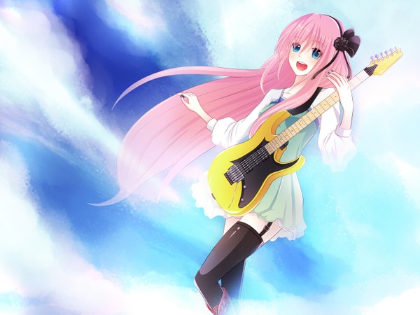 Anime picture 2800x2100 with vocaloid megurine luka single long hair highres open mouth blue eyes pink hair nail polish girl thighhighs black thighhighs sundress guitar