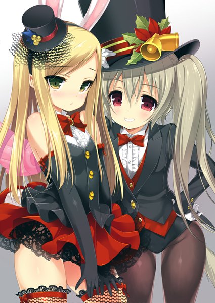 Anime picture 800x1130 with tera online emily (pure dream) long hair tall image looking at viewer blush light erotic blonde hair smile red eyes multiple girls green eyes animal ears grey hair bunny ears girl thighhighs gloves 2 girls hat