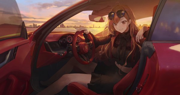 Anime picture 6000x3186 with idolmaster idolmaster shiny colors porsche arisugawa natsuha modare single long hair looking at viewer blush fringe highres smile wide image sitting brown eyes absurdres sky cloud (clouds) long sleeves nail polish