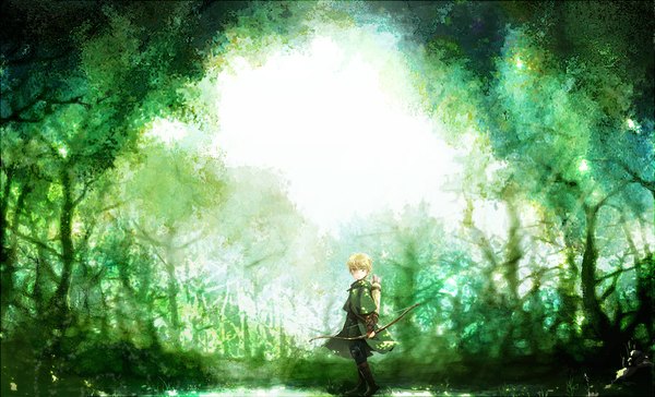 Anime picture 1120x680 with axis powers hetalia studio deen united kingdom (hetalia) looking at viewer short hair blonde hair wide image green eyes green background boy weapon plant (plants) tree (trees) boots thigh boots cloak forest bow (weapon)