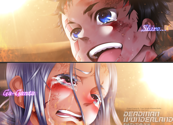 Anime picture 1649x1200 with deadman wonderland shiro (deadman wonderland) igarashi ganta hikarinogiri long hair blush short hair open mouth blue eyes black hair smile red eyes silver hair sunlight inscription tears coloring close-up face multiview