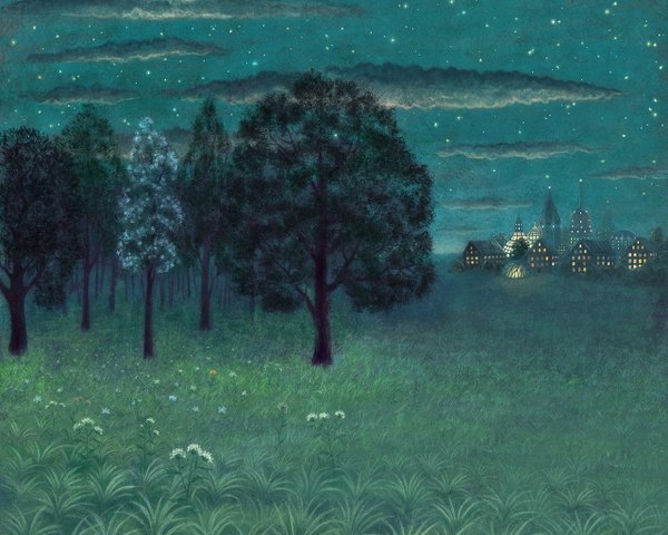 Anime picture 1280x1024 with night landscape city lights plant (plants) tree (trees) star (stars)