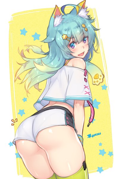 Anime picture 960x1440 with original lanmewko dan (kumadan) single long hair tall image looking at viewer blush fringe open mouth blue eyes light erotic bare shoulders signed animal ears ahoge ass :d aqua hair cat girl