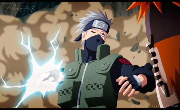 Anime picture 1800x1105 with naruto studio pierrot naruto (series) hatake kakashi pain (naruto) deva path fabiansm highres short hair red eyes wide image one eye closed grey hair wink piercing coloring magic letterboxed scar smoke