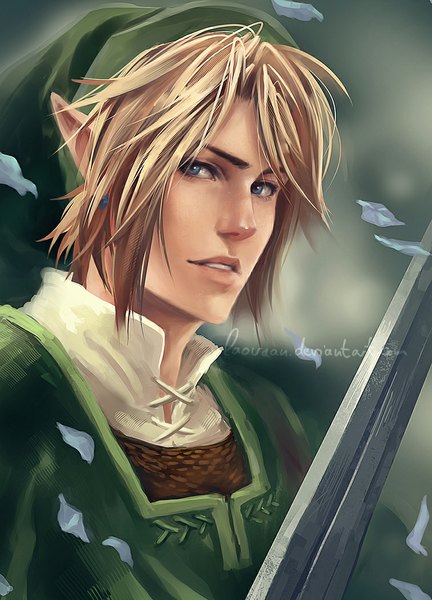 Anime picture 756x1050 with the legend of zelda the legend of zelda: twilight princess nintendo link laovaan single tall image looking at viewer short hair blue eyes blonde hair signed pointy ears realistic portrait elf boy weapon hat earrings