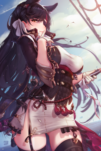 Anime picture 2760x4096 with azur lane atago (azur lane) mitsu (mitsu art) single long hair tall image looking at viewer highres breasts light erotic black hair large breasts standing signed animal ears yellow eyes sky cloud (clouds) outdoors arm up