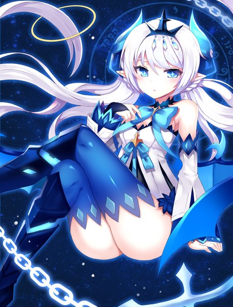 Anime picture 1900x2500 with elsword luciela r. sourcream (elsword) noblesse (elsword) papo single long hair tall image looking at viewer blush fringe highres blue eyes light erotic hair between eyes sitting twintails bare shoulders bent knee (knees) horn (horns) pointy ears