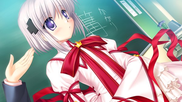 Anime picture 1280x720 with rewrite kagari (rewrite) short hair wide image purple eyes game cg white hair girl uniform ribbon (ribbons) school uniform