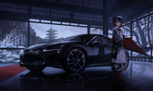 Anime picture 2589x1544 with original lexus koh (minagi kou) single looking at viewer fringe highres short hair black hair wide image standing holding full body blunt bangs traditional clothes japanese clothes grey eyes high heels snowing winter
