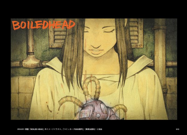 Anime picture 1615x1163 with cannabis works tanaka tatsuyuki single long hair brown hair eyes closed sad mechanical girl heart hood