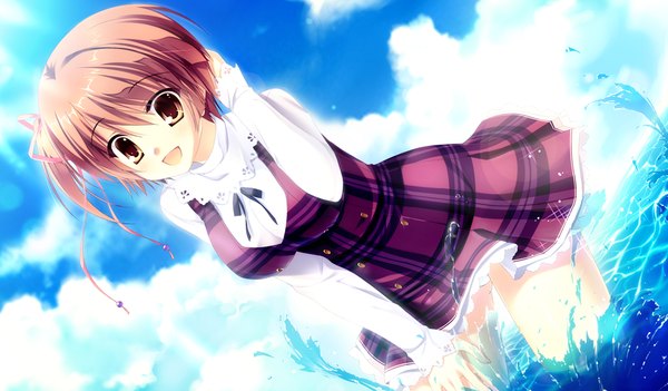 Anime picture 1024x600 with da capo iii hinomoto aoi takano yuki (allegro mistic) short hair open mouth brown hair wide image brown eyes game cg cloud (clouds) pantyshot one side up girl dress water