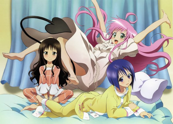 Anime picture 5113x3677 with toloveru xebec lala satalin deviluke yuuki mikan sairenji haruna kobayashi chizuru long hair blush highres short hair open mouth black hair smile purple eyes multiple girls brown eyes green eyes blue hair pink hair ahoge