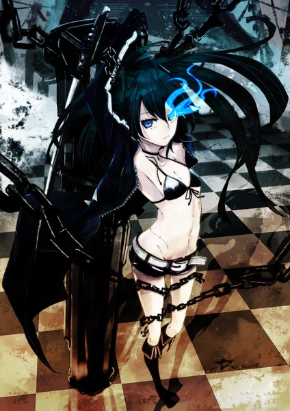 Anime picture 2480x3508 with black rock shooter black rock shooter (character) mille (dieci) single long hair tall image highres blue eyes black hair glowing scar glowing eye (eyes) pale skin checkered floor girl weapon shorts boots chain bikini top