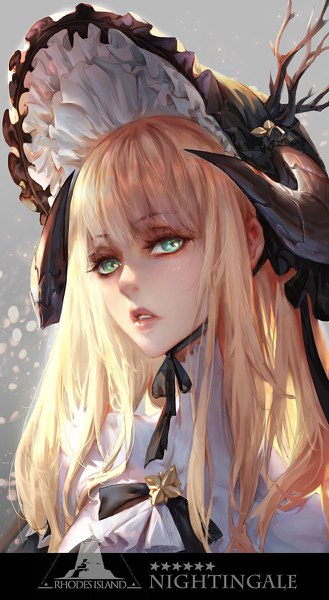 Anime picture 658x1200 with arknights nightingale (arknights) nightingale (an elegy) (arknights) train hb single long hair tall image looking at viewer fringe simple background blonde hair green eyes upper body blunt bangs parted lips horn (horns) lips character names girl hat