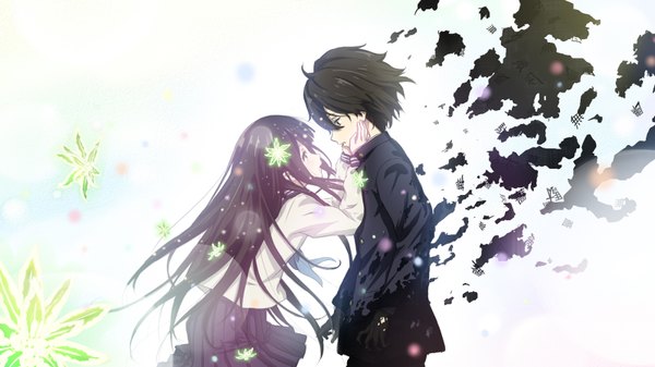 Anime picture 1600x900 with hyouka kyoto animation chitanda eru oreki houtarou gau (artist) long hair short hair black hair wide image purple eyes black eyes couple girl boy skirt flower (flowers) miniskirt shirt serafuku