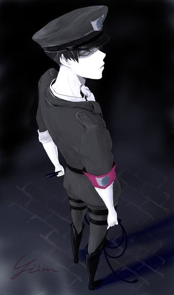Anime picture 700x1182 with shingeki no kyojin production i.g levi (rivaille) ihciuy0211 single tall image looking at viewer short hair black hair signed full body profile from above alternate costume dark background white skin military white eyes boy uniform