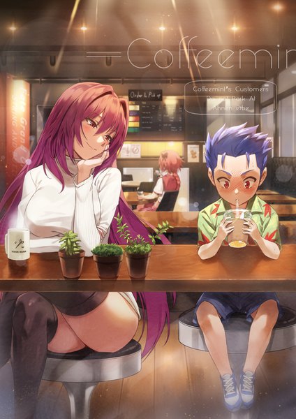 Anime picture 2897x4096 with fate (series) fate/grand order fate/apocrypha scathach (fate) (all) scathach (fate) astolfo (fate) cu chulainn (fate) cu chulainn (fate/grand order) rainmaker long hair tall image blush fringe highres short hair breasts light erotic smile hair between eyes red eyes
