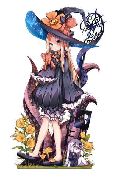 Anime picture 1150x1800 with fate (series) fate/grand order abigail williams (fate) lavinia whateley (fate/grand order) lokyin house long hair tall image looking at viewer blue eyes blonde hair white background multiple girls silver hair full body shaded face chibi girl dress flower (flowers) bow