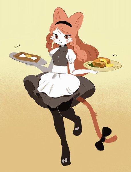 Anime picture 1494x1957 with original orca (kuroorcas) single long hair tall image looking at viewer simple background brown hair standing brown eyes animal ears full body tail braid (braids) animal tail standing on one leg :3 brown background white skin waitress