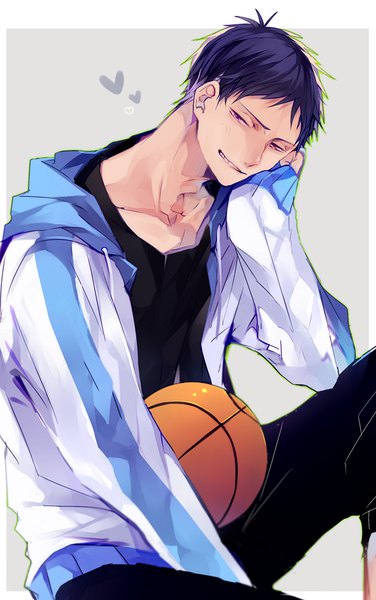 Anime picture 568x904 with kuroko no basket production i.g aomine daiki hanamori single tall image short hair black hair simple background smile sitting purple eyes grey background head rest smirk boy heart hood hoodie ball