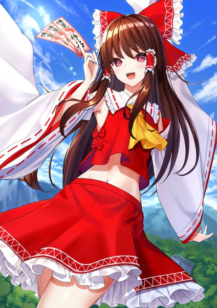 Anime picture 636x899 with touhou hakurei reimu tasuku (user fkzv3343) single long hair tall image looking at viewer open mouth red eyes brown hair sky cloud (clouds) outdoors :d midriff girl skirt bow hair bow detached sleeves