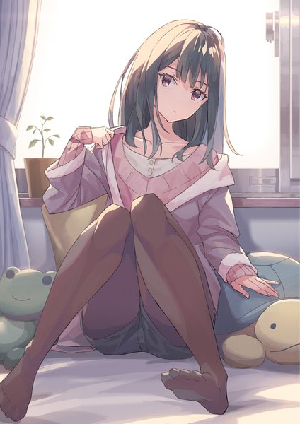 Anime picture 800x1132 with original k-me single long hair tall image looking at viewer fringe black hair sitting brown eyes full body bent knee (knees) indoors head tilt off shoulder arm support no shoes knees touching knees together feet apart legwear under shorts