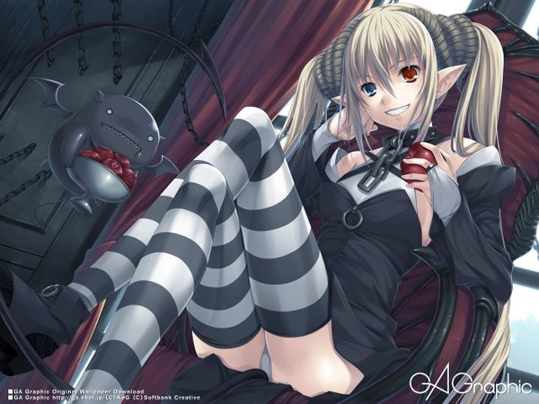 Anime picture 1280x960 with gagraphic hagure keg light erotic twintails pointy ears wallpaper heterochromia grin crossed legs striped demon girl gothic girl thighhighs food striped thighhighs fruit apple