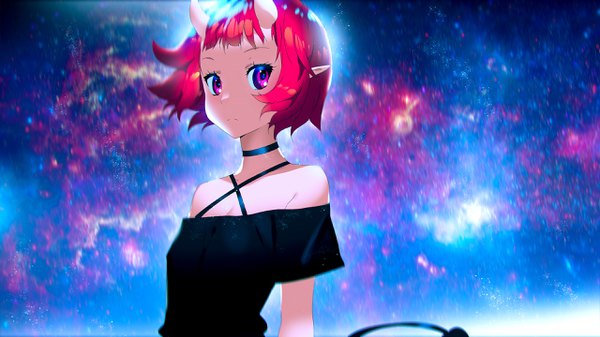 Anime picture 2560x1440 with original tom skender single looking at viewer fringe highres short hair wide image purple eyes bare shoulders upper body red hair tail horn (horns) wind pointy ears night short sleeves night sky demon tail