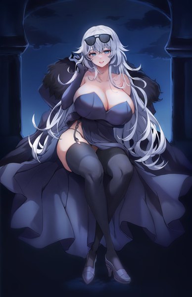 Anime picture 1323x2048 with original zerocat single long hair tall image looking at viewer fringe breasts blue eyes light erotic hair between eyes sitting silver hair cloud (clouds) full body bent knee (knees) parted lips arm up night high heels