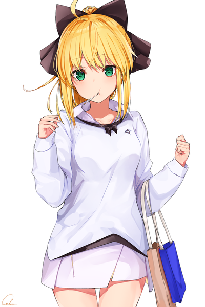 Anime picture 1730x2595 with fate (series) fate/grand order fate/stay night fate/unlimited codes artoria pendragon (all) saber lily black cola single long hair tall image looking at viewer blush fringe highres breasts simple background blonde hair hair between eyes standing white background