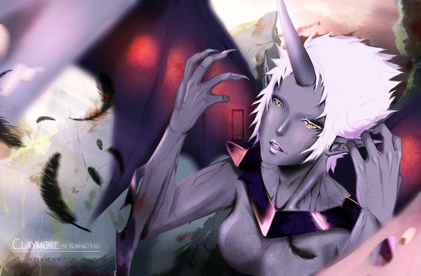 Anime picture 2200x1441 with claymore madhouse priscilla (claymore) ifragmentix single highres short hair open mouth yellow eyes white hair horn (horns) lips pointy ears sunlight inscription lipstick coloring mountain demon girl demon wings