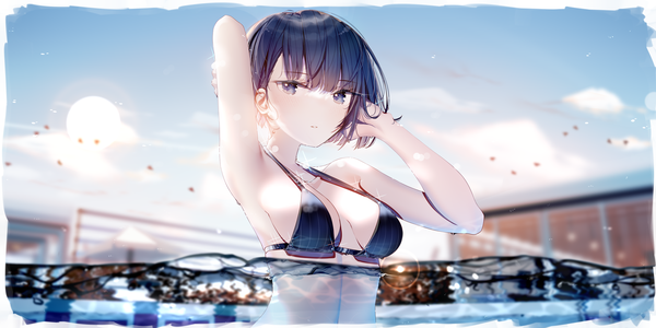 Anime picture 2160x1080 with project sekai kiritani haruka atha (leejuiping) single looking at viewer blush fringe highres short hair breasts blue eyes light erotic wide image large breasts blue hair sky cloud (clouds) upper body outdoors blunt bangs