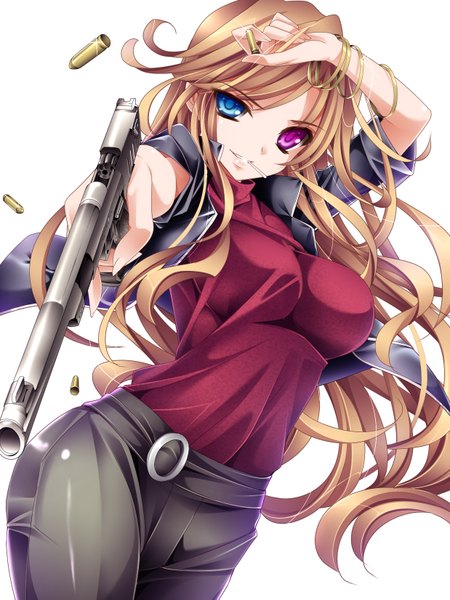Anime picture 1238x1651 with original moneti (daifuku) long hair tall image simple background brown hair white background heterochromia girl weapon bracelet gun