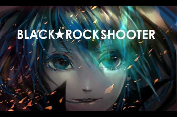 Anime picture 1024x680 with black rock shooter black rock shooter (character) ena1215 single long hair blue hair multicolored hair inscription glowing close-up face glowing eye (eyes) girl