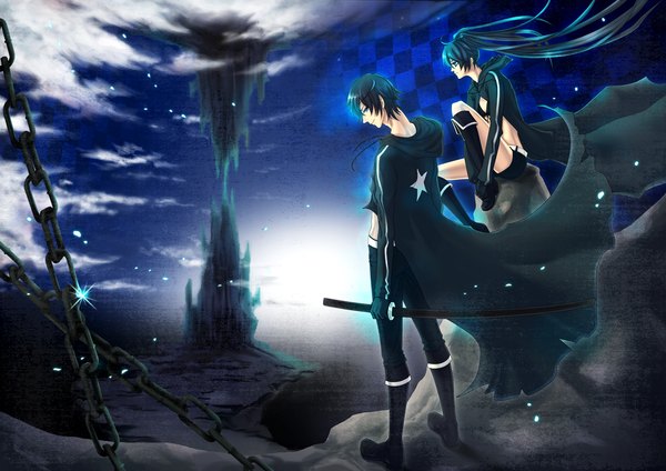 Anime picture 1169x827 with black rock shooter vocaloid black rock shooter (character) kaito (vocaloid) fujiyoshi akira long hair blue eyes black hair cloud (clouds) profile couple torn clothes cosplay star print black rock shooter (cosplay) girl boy weapon sword boots