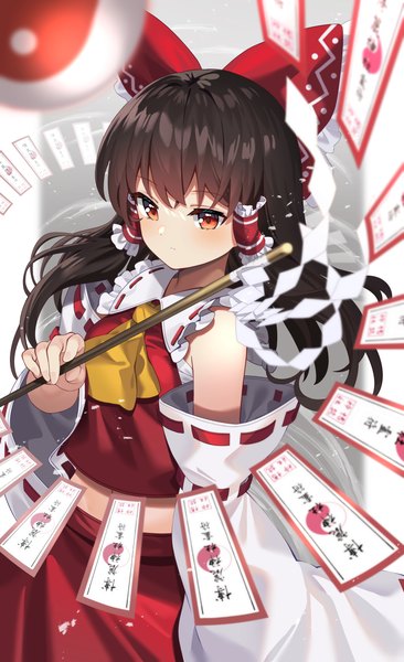 Anime picture 3264x5352 with touhou hakurei reimu yuujin (yuzinn333) single long hair tall image highres red eyes brown hair looking away absurdres traditional clothes japanese clothes from above nontraditional miko girl bow hair bow detached sleeves hair tubes