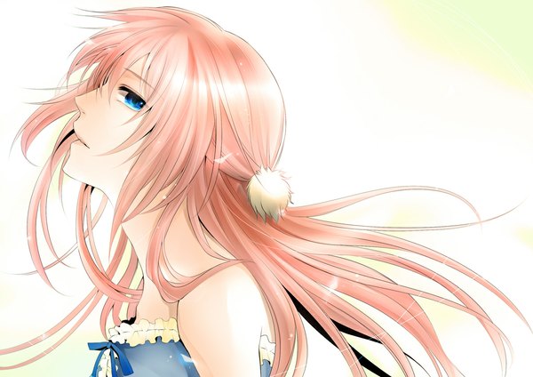 Anime picture 1100x779 with vocaloid megurine luka ayano (irodori) long hair blue eyes white background pink hair profile girl