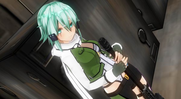 Anime picture 1200x662 with sword art online a-1 pictures asada shino shidzuki single blush fringe short hair breasts hair between eyes wide image standing cleavage aqua eyes from above light smile aqua hair open jacket short twintails 3d