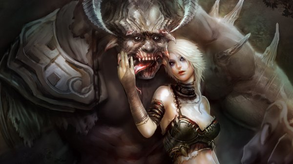 Anime picture 1600x900 with huang dahong open mouth blue eyes blonde hair wide image white hair horn (horns) girl armor fingerless gloves blood bikini top monster