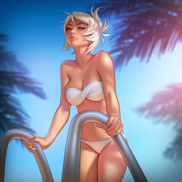 Anime picture 800x800 with league of legends riven (league of legends) tsuaii single looking at viewer fringe short hair breasts light erotic standing bare shoulders holding brown eyes sky ahoge white hair lips sunlight realistic bare belly